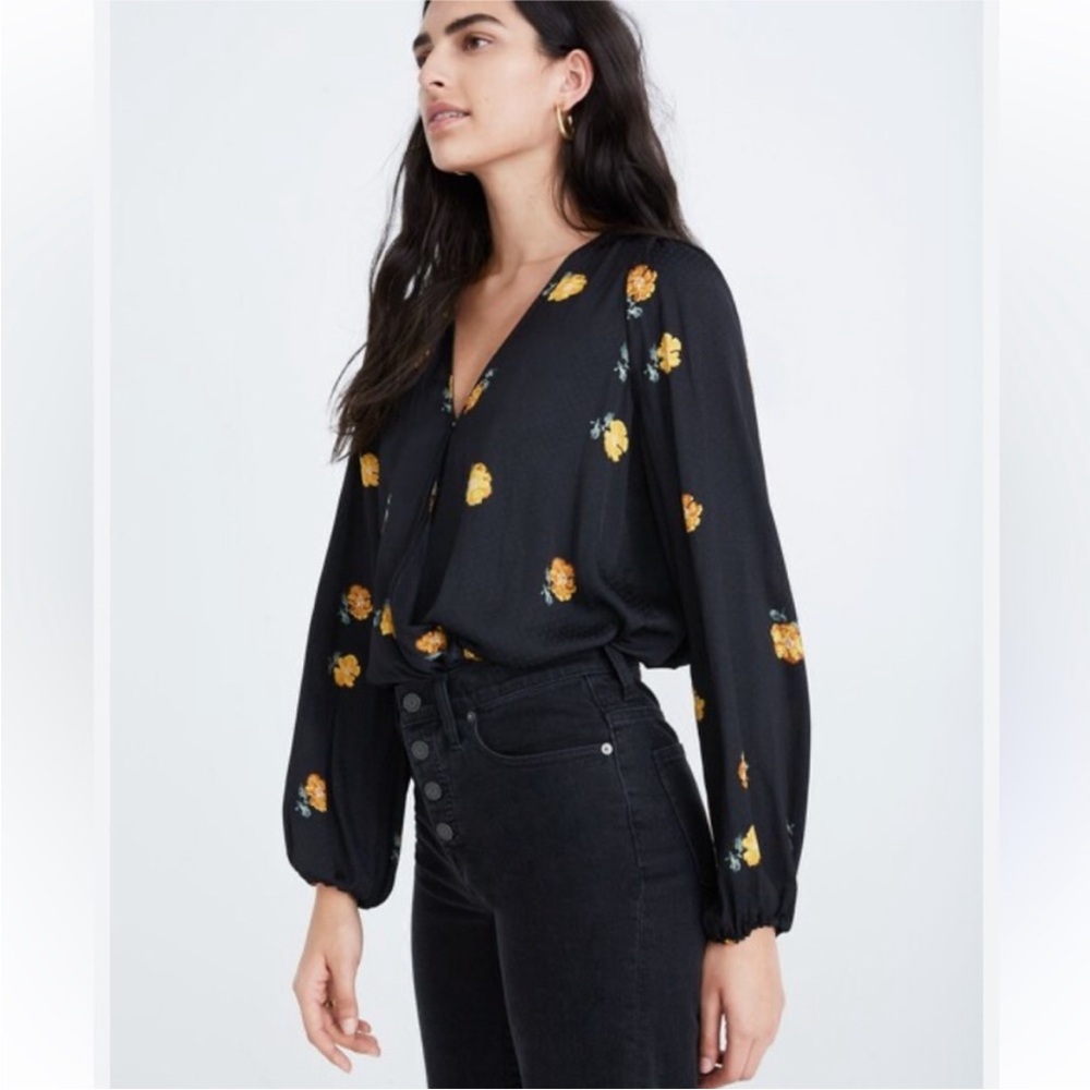 Madewell wrap top black with orange florals size M